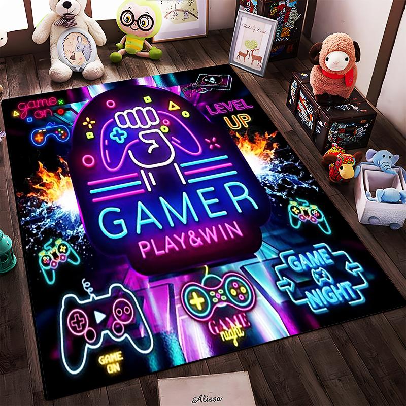 Gamer Neon Carpet with Game Controller Design and Play & Win Text Suitable for use as an anti-slip for living room bedroom sofas