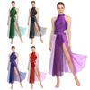 S-XXL Damen Lyrical Dance Bodysuit Kleid Strass Ärmellos Color Blocking Mesh Schlitz Saum Leotard Kleid Modern Contemporary Dance Kostüm