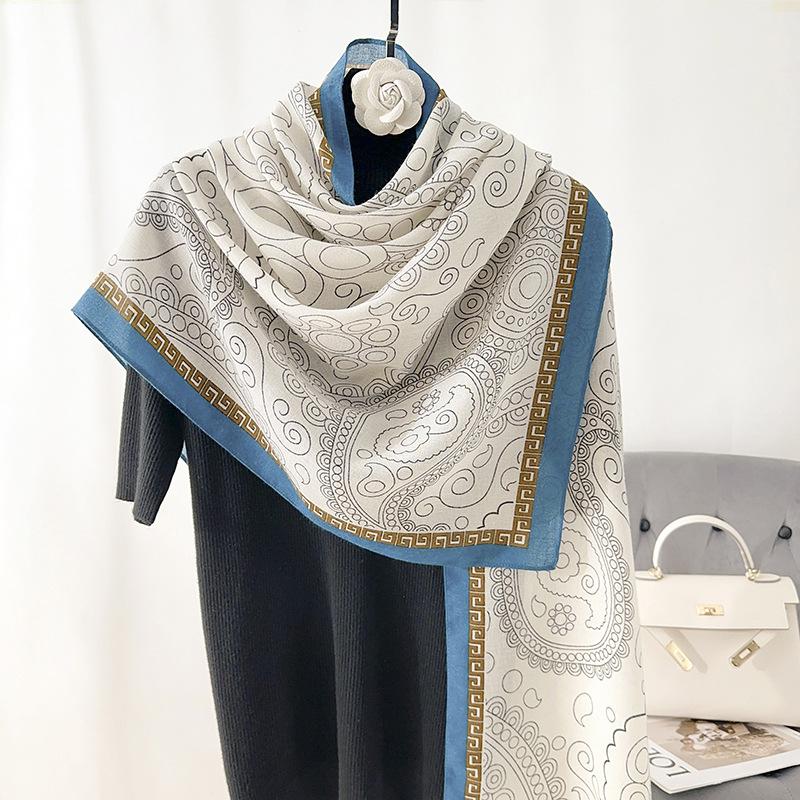 Retro Designer Plant Flower Print Scarf Women's Thin Exterior with Premium Air-conditioned Room Shawl