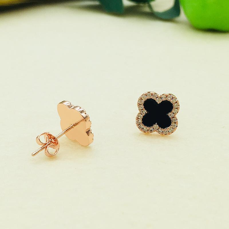 Women's Black Four-leaf Clover Earrings Full Diamond Zircon Anti-allergic Jewelry Earrings