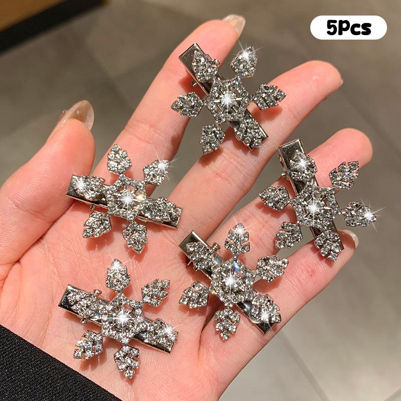 Christmas Sparkle Zircon Snowflake Hairpin Set of 2/5/10, Women's Cute Metal Rhinestone Hair Clips for Party Bangs Accessories