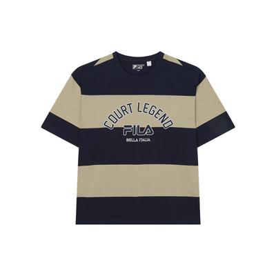 Fila Fashion Loose Striped Print Tennis Letter Casual Spliced Short Sleeve Drop Shoulder T-Shirt Men Tops Secret-Mirror-Blue F11M339109FDB