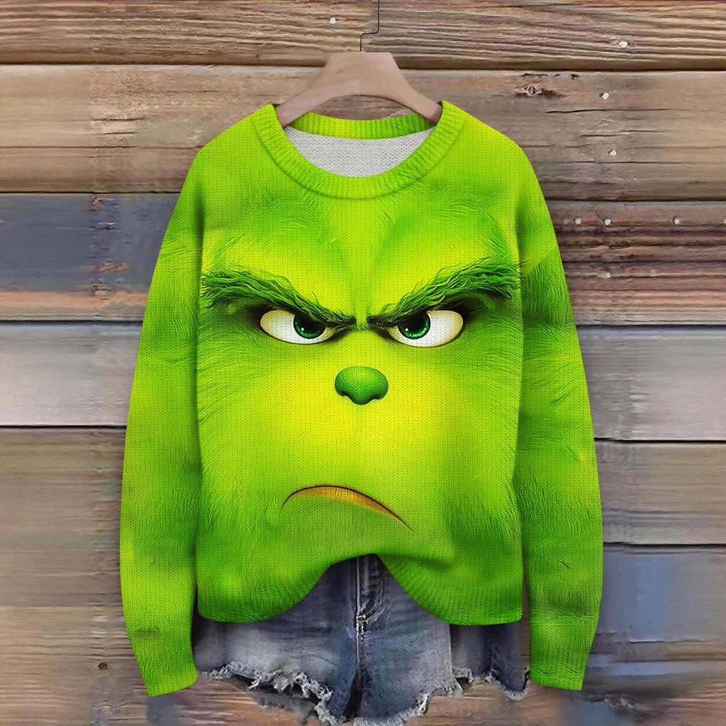 Long Sleeve Pullover Sweaters For Women O Neck Casual Cute Printing Knit Oversized Sweater