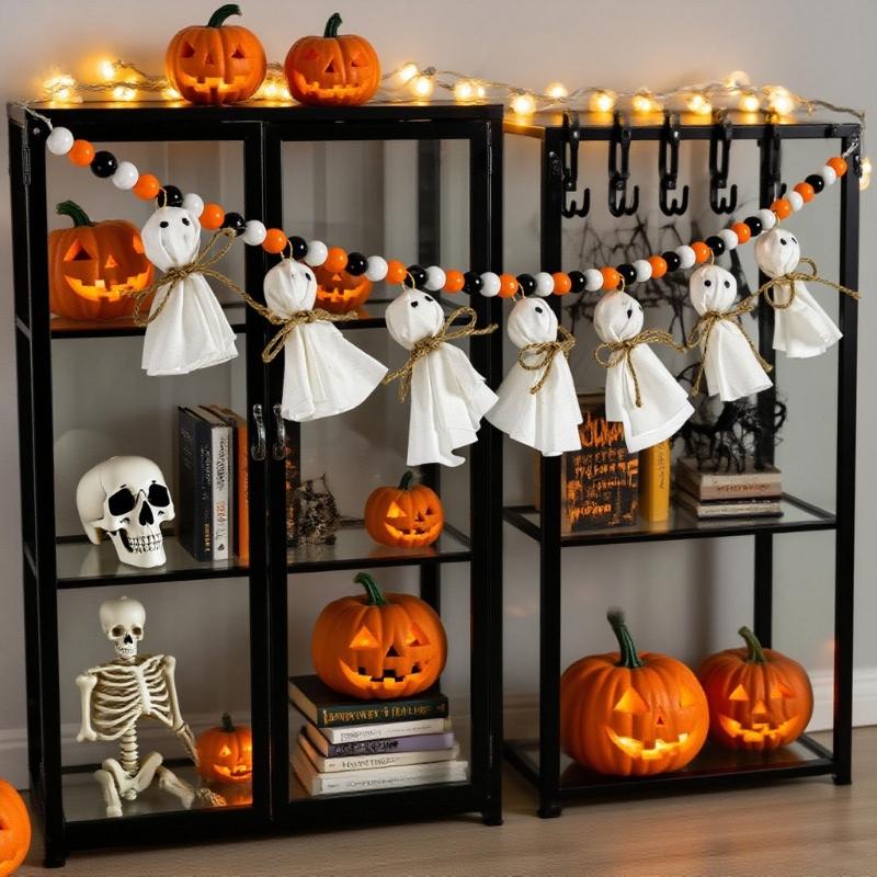 Handmade Halloween Wooden Specter Decoration With Natural Rope Beads For Indoor Wall Decoration Party Supplies