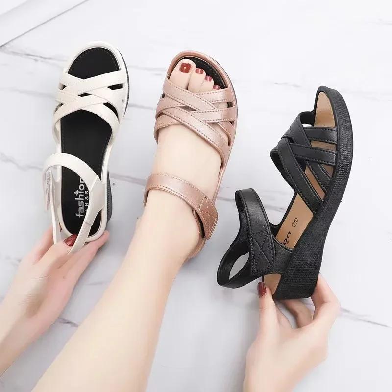 Women's Summer New Soft Sole Non Slip Comfortable Casual Shoes with Sloping Heel and Thick Sole Velcro Breathable Sandals