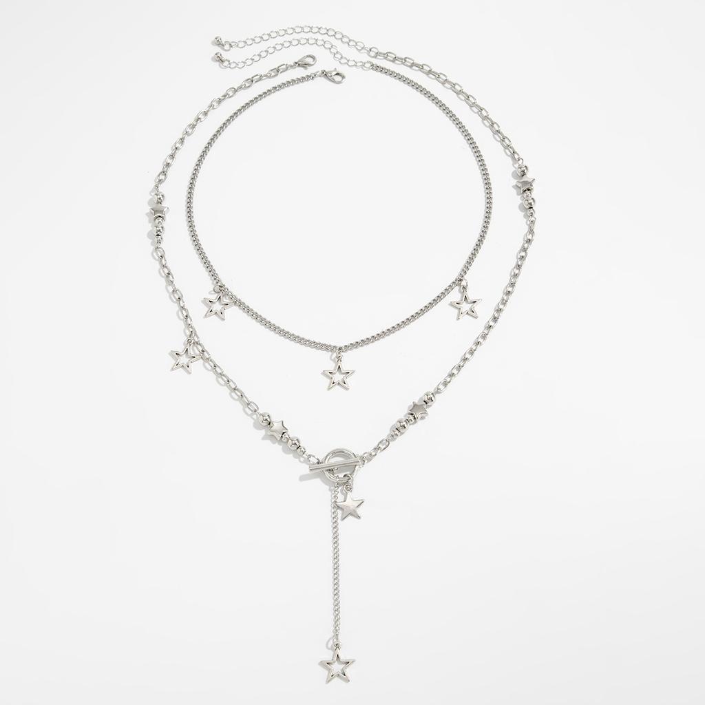 Hip-Hop Style Shiny Star Pendant Necklace, Fashionable Five-Pointed Star Rhinestone Chain Stacked Necklace.