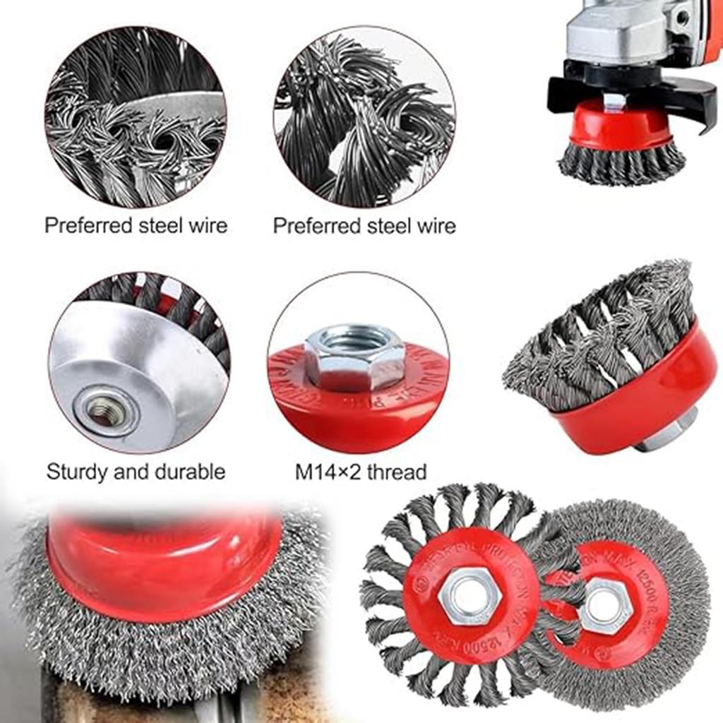 Set of 6 Hexagonal Wire Brush Set for Rust Removal and Paint Includes Impact Drivers with and End Wire M14 Hex Stripping. Cup, Wheel, Options, Shank.