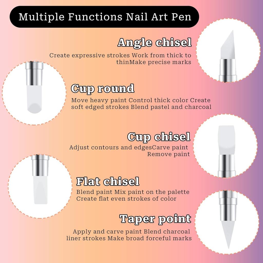 5Pcs/Set Sculpture Dotting Pen Nail Art Silicone Brush Colorful Crystal Dual-head Carving Flower Painting Pen DIY Manicure Tools