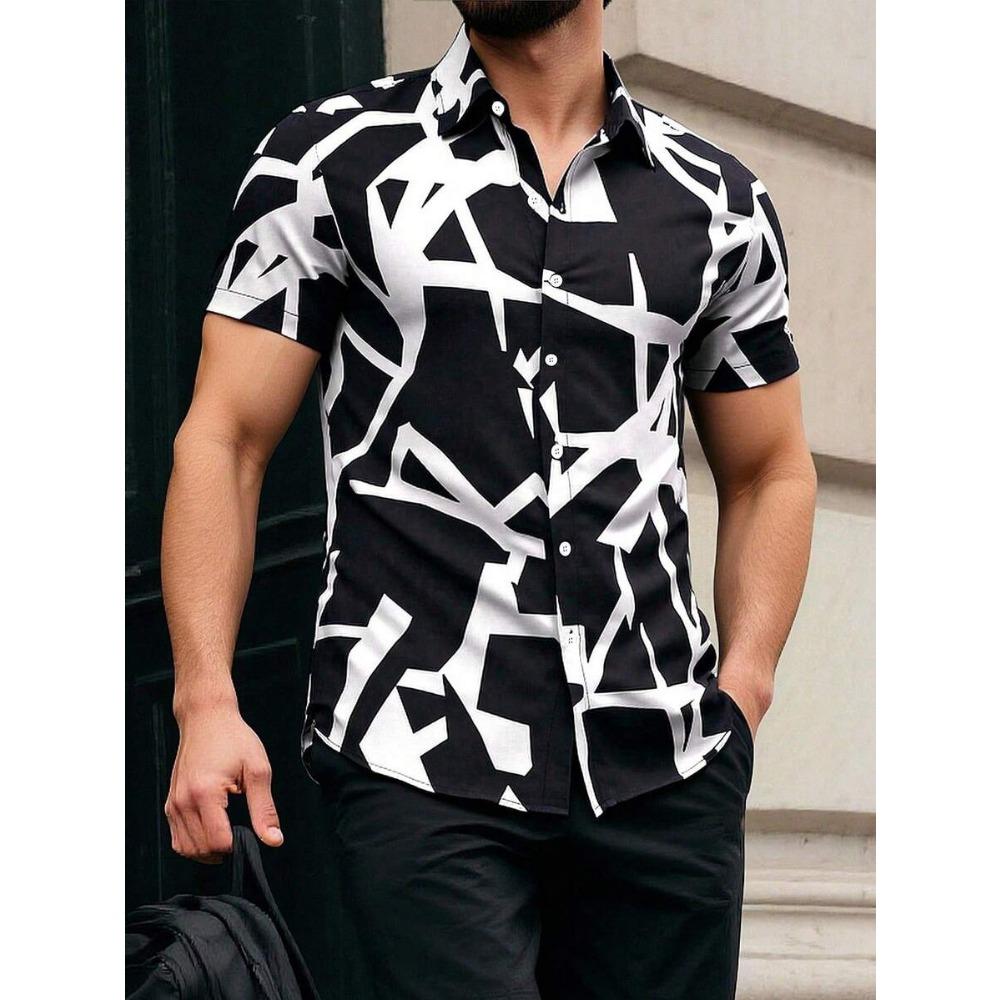 Spring Summer Men Spell Color Short Sleeve Shirt Men Casual 3D Digital Print Simple Style Shirt Tops 100% Polyester