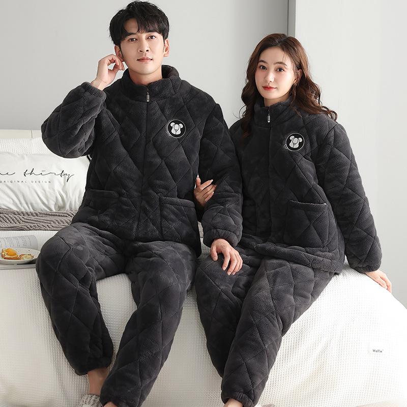 Winter Couple Pajamas Women'S Three-Layer Padded Cotton Thickened And Velvet Winter New Warm Men'S And Women'S Zipper Loungewear Set