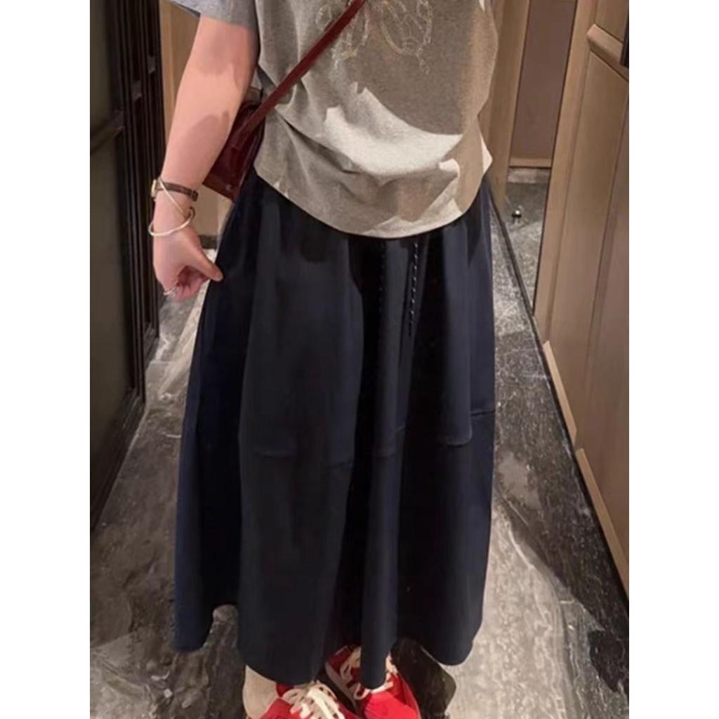 Women's Elastic Waist Drawstring Midi Skirt Loose Fit Solid Color A-Line Casual Skirt
