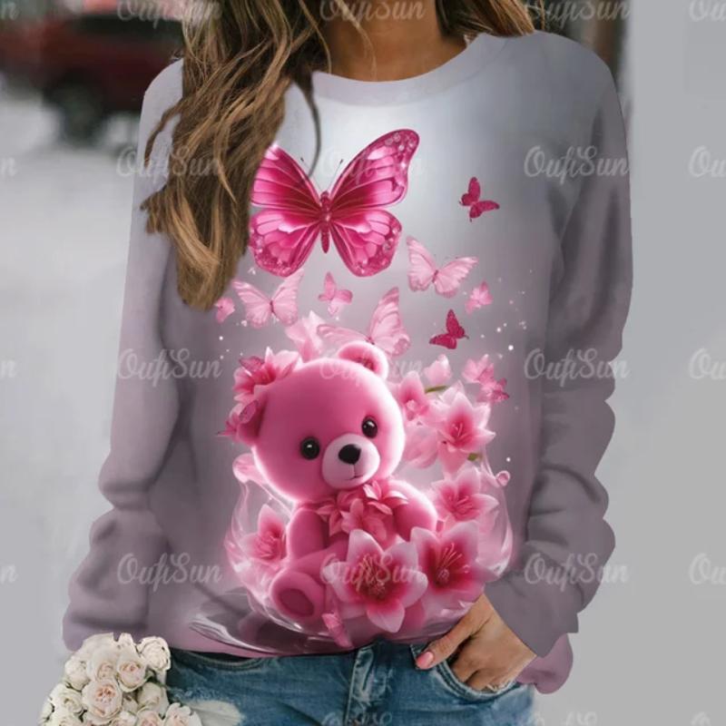 Cute Bear Women's Hoodie Casual O Neck Long Sleeve Pullover Tops 2024 New T-Shirt for Women Streetwear Fashion Women T Shirt Tee