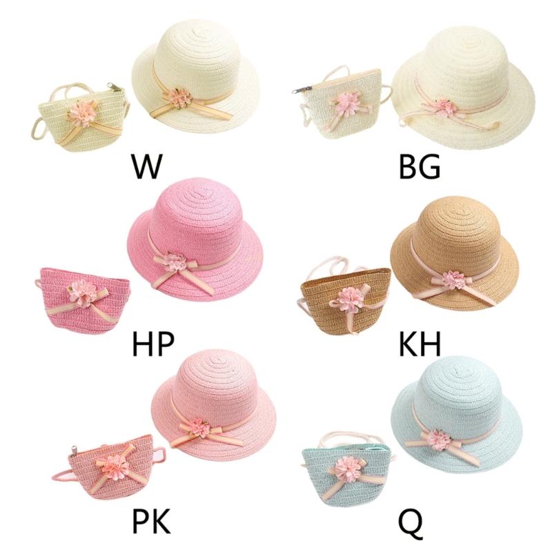 Sun Straw Hat Kids Girls Large Wide Brim Travel Beach Cap Sweet Flower Bowknot Sun for Protection Hat with Shoul