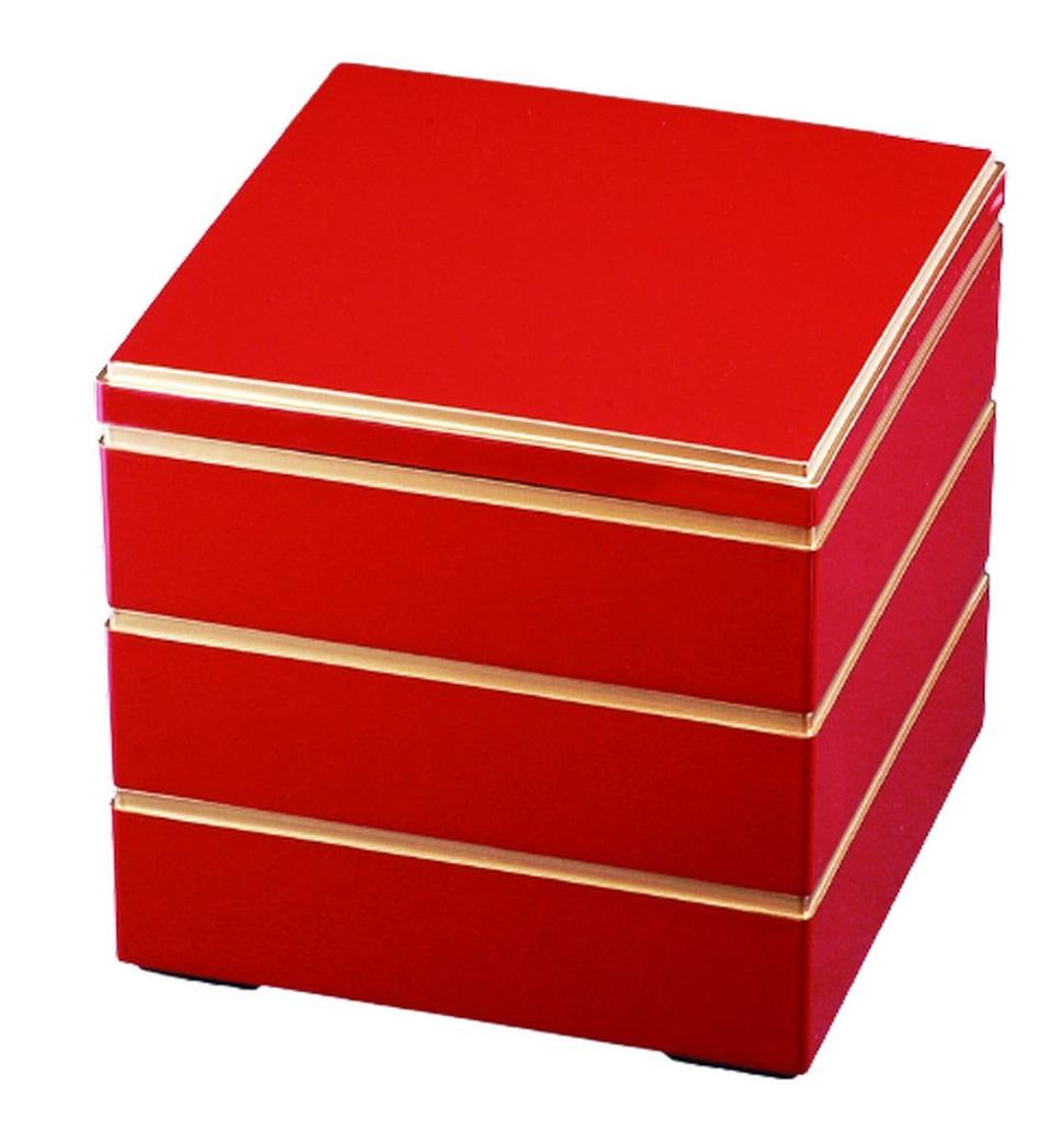 Outdoor Lunch Box Made In 3 Yamato Kagekura Red Rimmed with X X J-kitchens (Lunch Box) Japan, Tiers, 6.5 Inches, Pattern, Gold, 19.8cm 19.8cm 19.2cm