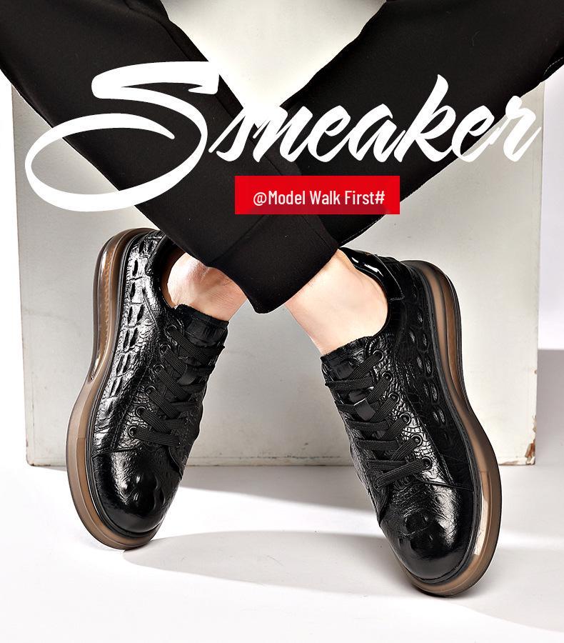 European Men's White Lace-up Shoes: Embossed Cowhide Crocodile Pattern, Comfortable, Versatile Thick Sole, Trendy Casual Design.