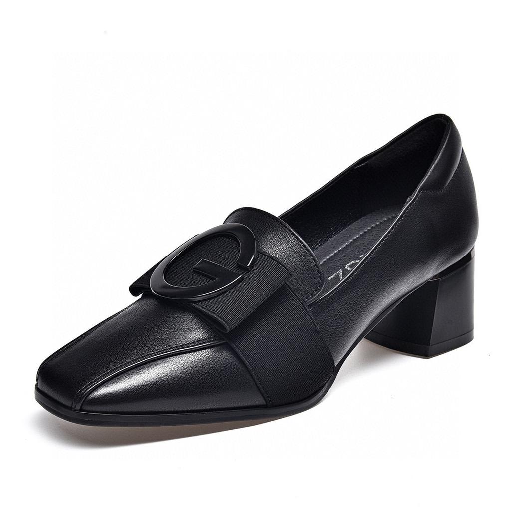 Spring New High Heels Square Head Thick Heel Middle Heel Work Shoes Square Buckle First Layer Cowhide Four Seasons Professional Single Shoes