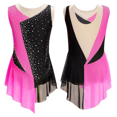 Girls Sparkly Rhinestone Color Block Leotard Sheer Mesh Patchwork Sleeveless Bodysuit Dance Gymnastics Figure Skating