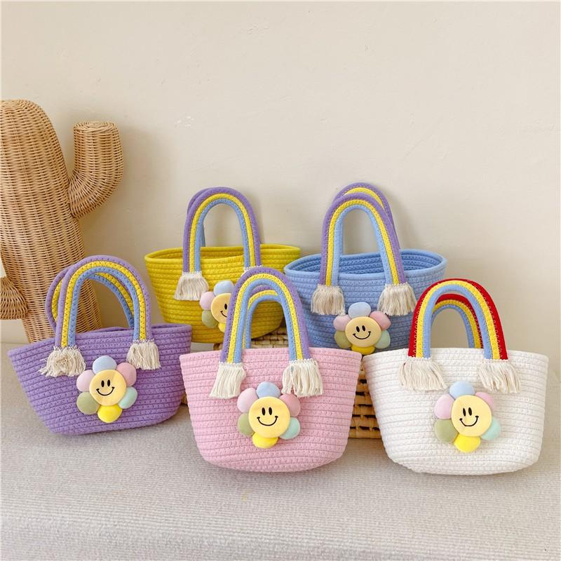 Children's Handbag Cotton Rope Woven Bag Gift Basket Shoulder Cartoon Sunflower Rainbow