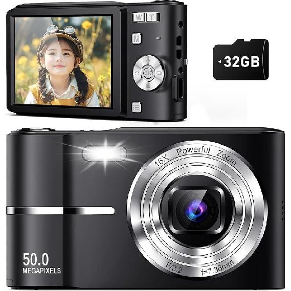 Digital Camera, FHD 1080P Kids Camera, 50MP Point and Shoot Camera with 16X Zoom Anti Shake, Compact Portable Small Camera for Girls Boys Teen