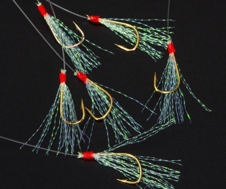 6 Stück/Set Luya Fertiger Angelhaken mit Widerhaken Handgebunden Eine Schnur mit 6 Regenbogenseide Goldenen Haken