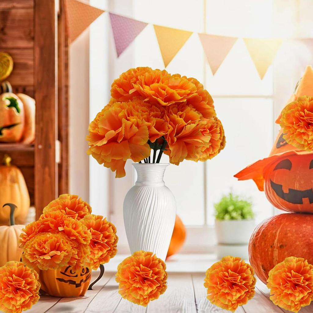 Artificial Marigold Flowers Halloween Decoration Orange Marigold Head Silk Fake Paper Flowers Decor for Day of The Dead Diwali