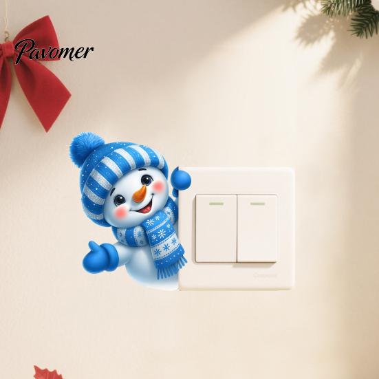 Removable Wall Sticker Cute Snowman Switch Sticker, Self-Adhesive PVC Decorative Decal, Blue And Holiday Socket Panel Cover White Winter Theme Art for