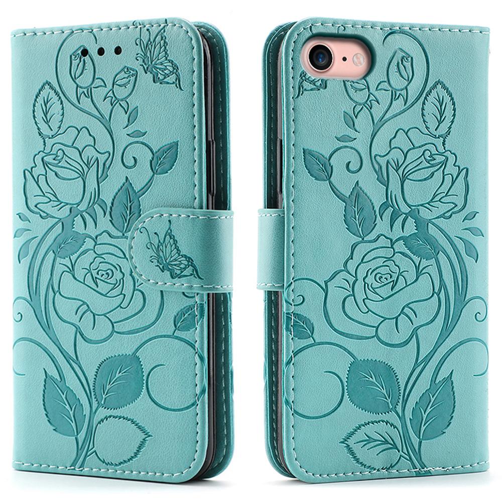 For iPhone 16e Case Wallet Stand Imprinted Rose Butterfly PU Leather Phone Cover