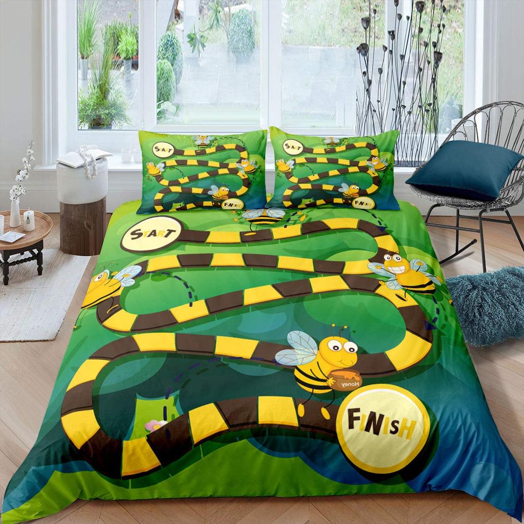 Cartoon Bee Duvet Cover King Queen Lovely Yellow Flying Animal Bedding Set For Kids Boys Girls Beautiful Flowers Comforter Cover