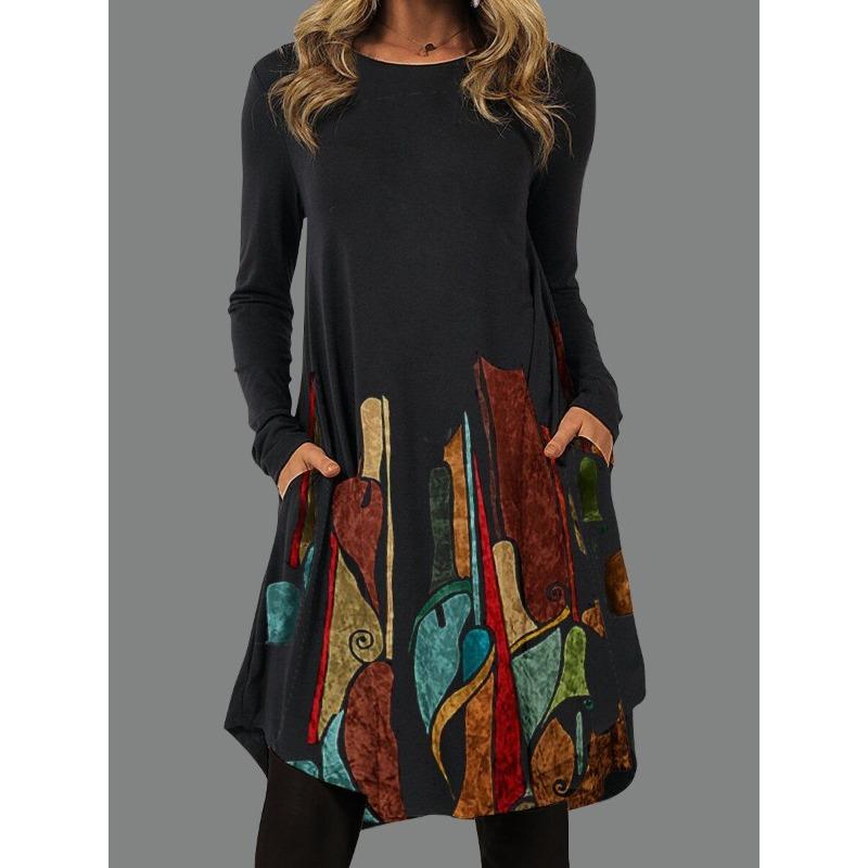 

QICED Fashion Autumn Winter Long Sleeve O-Neck Casual Dresses M