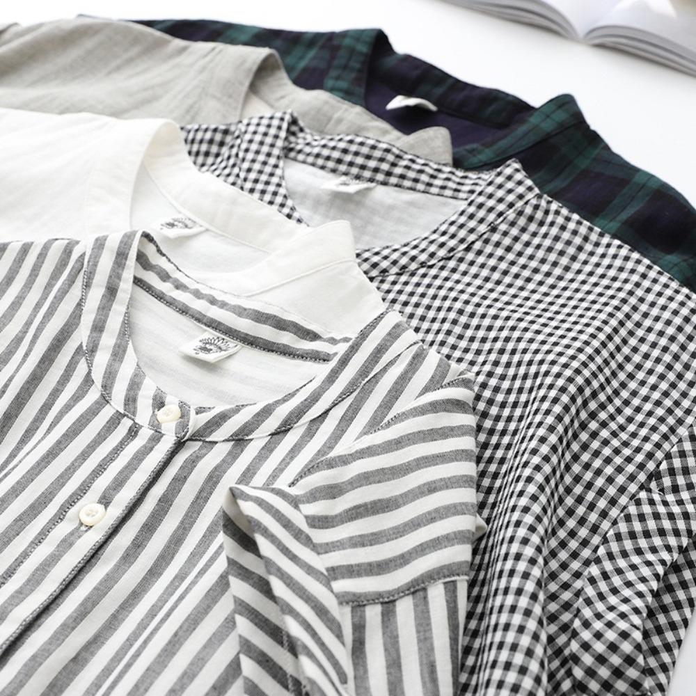 Vintage Cotton Linen Shirt Ladies Stylish Streetwear Short Sleeved Collarless Summer Blouse Women Breathbale Comfty Tops