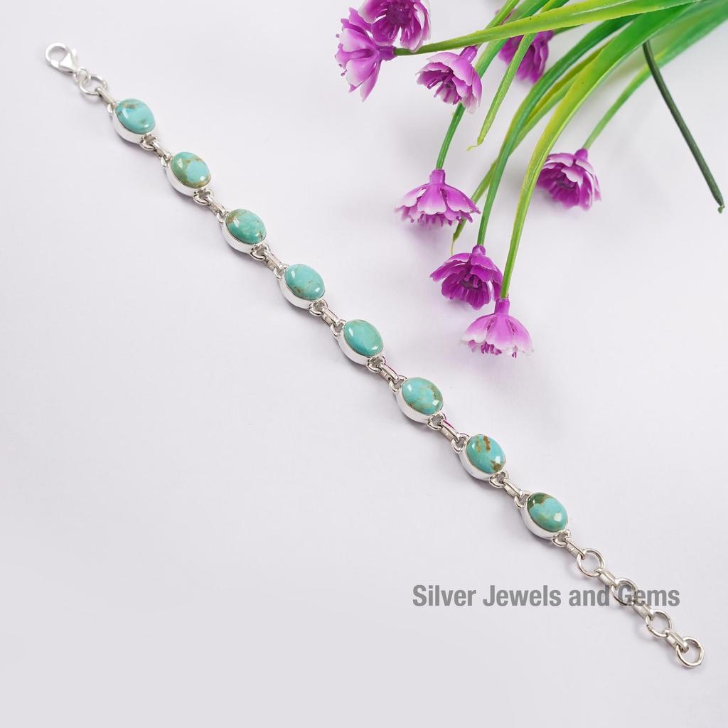 Turquoise 925 Sterling Silver Bracelet: Handmade Oval Gemstone Jewelry