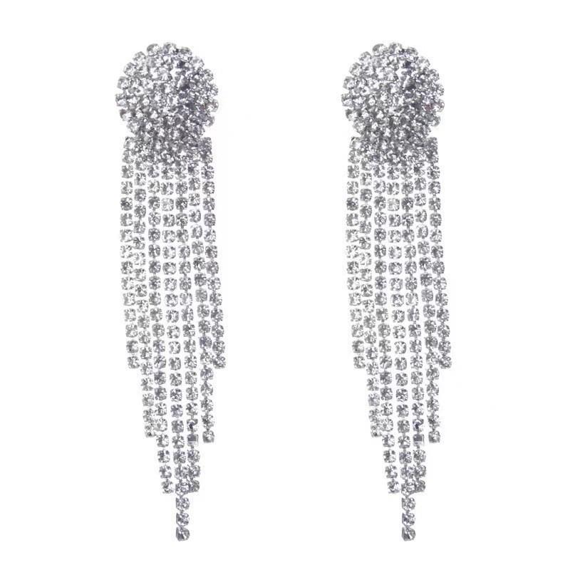 Elegant European & American Style Geometric Tassel Earrings with Inlaid Diamonds - Long, Exaggerated Design for a Slimmer Face Look