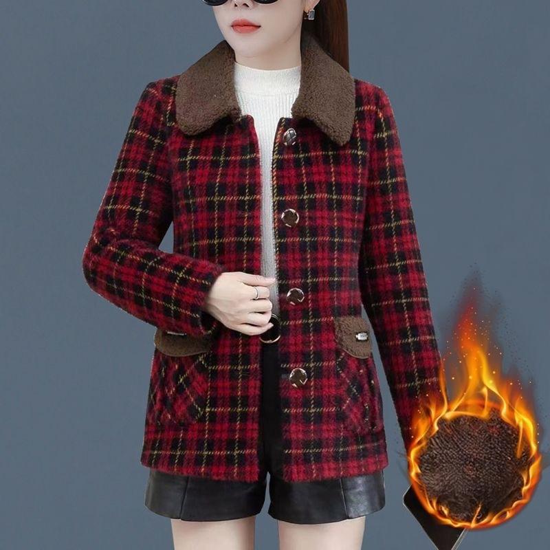 Middle-aged Mothers' Autumn and Winter Fashionable Foreign Coats, Middle-aged and Elderly Ladies' Outer Wear with Plaid Square Collar