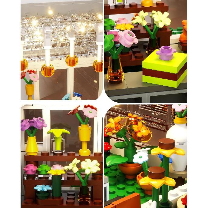 Flower House with LED Light Building Set, Flowerhouse Fountain Countyard Buiding Set with Flowers Potted & Cat Playset, Greenhouse Model Xmas for