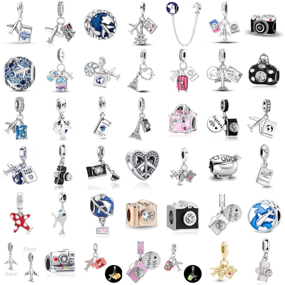 New Copper Bead Airplane Camera Suitcase Passport Pendant Love Travel Life Diyfit Original Bracelet Jewelry Charm