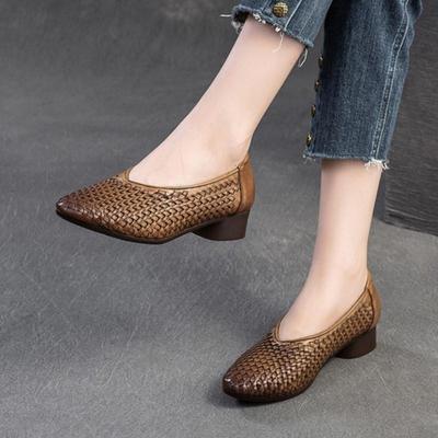 Retro Handmade Woven Pumps Genuine Leather Comfortable Versatile Low Heeled Women's Slip-on Shoes
