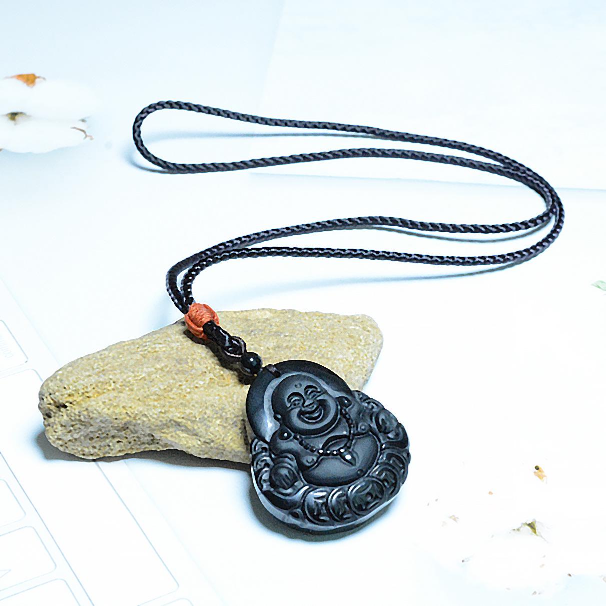 Crystal Obsidian Laughing Buddha Pendant Necklace with Beads
