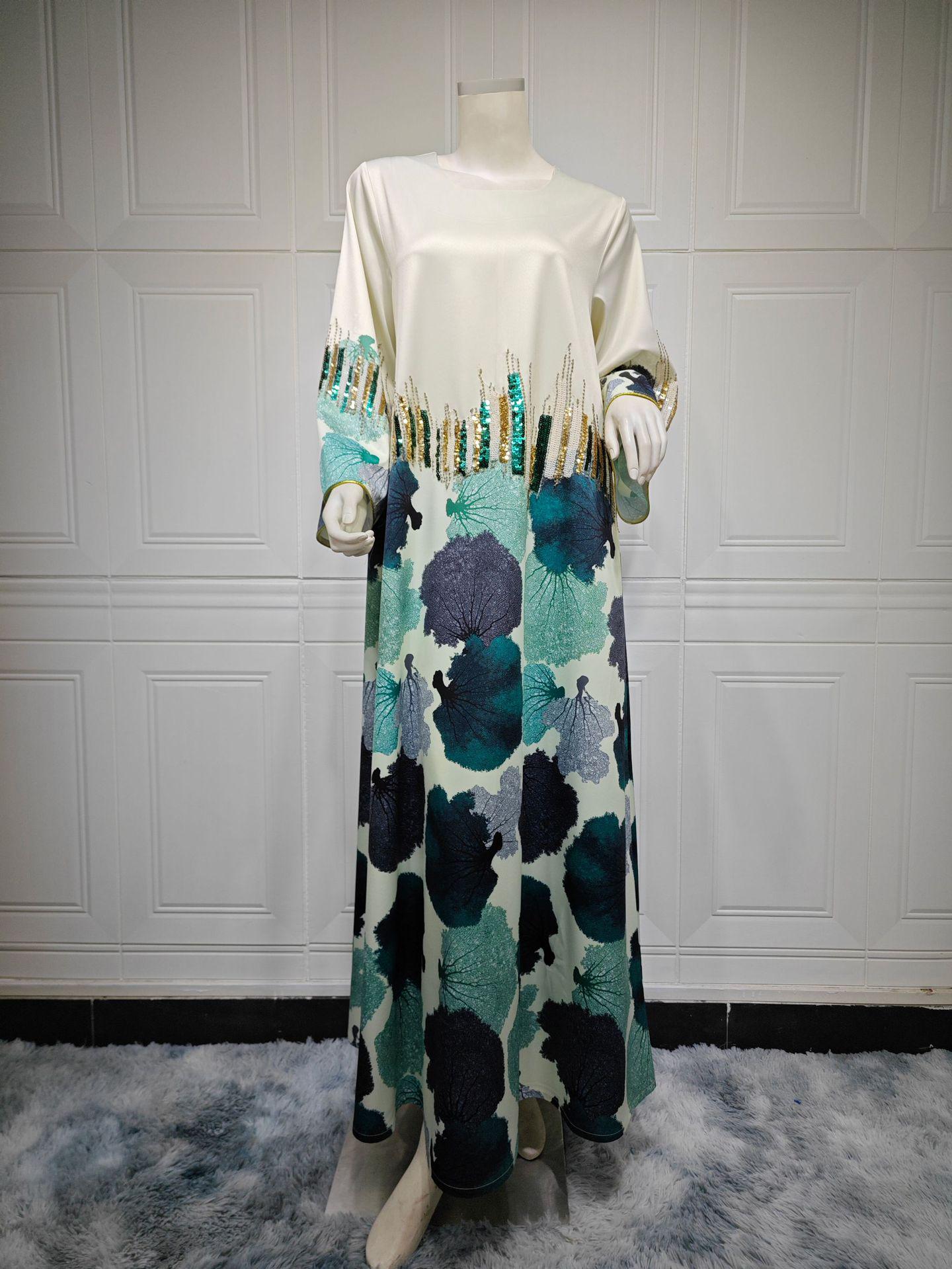 

AB367 Dubai Sequin Embroidered Women s Eid Dress - Middle East Fashion Robe M світло-зелений колір