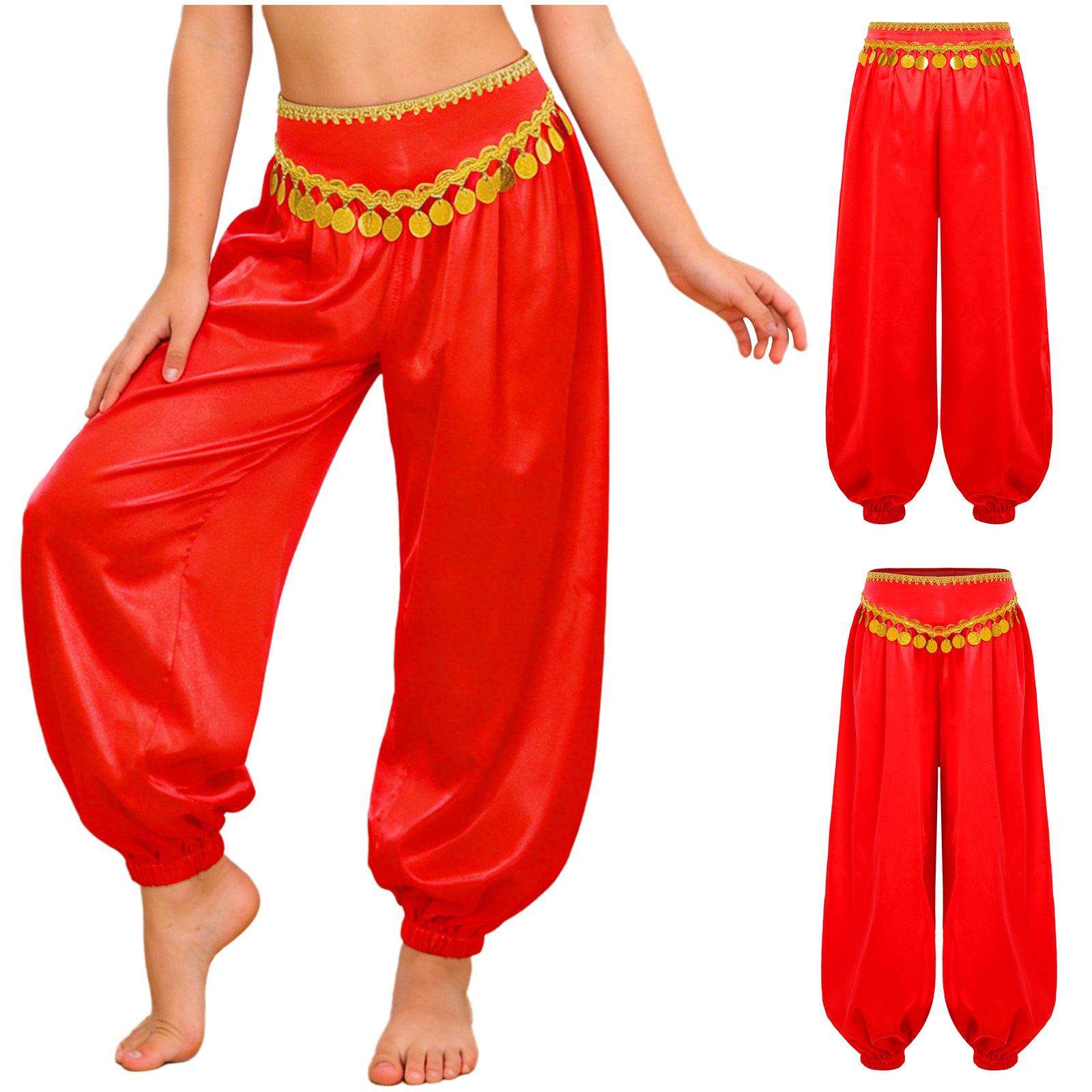 

Kids Girls Belly Dance Bloomers Braid Trim Sequin Tassels Loose Pants Side Invisible Zipper for Halloween Theme Party Stage Performance 5-6 Years красный