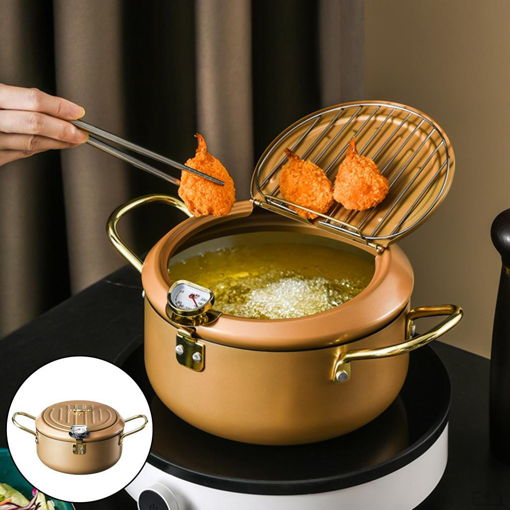 Frying Pot Japanese Style Tempura Fryer Pan with , Lid, Drainage Rack