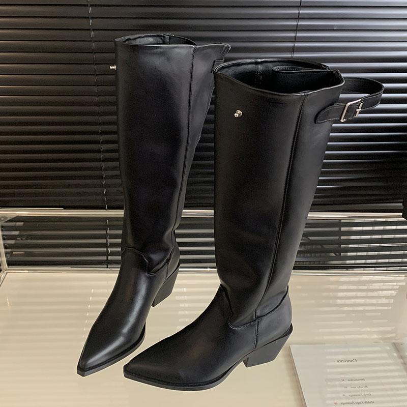 Damen Western Stiefeletten Designer Schnallenriemen Mode Spitzschuh Damen Kniehohe Stiefel mit Blockabsatz Schuhe