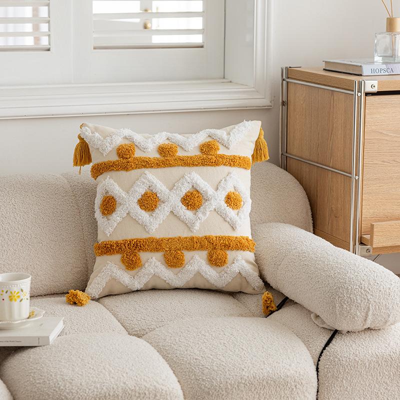 3D Embroidered Tassel Throw Pillow Cover Decorative Cushion Case For Sofa Living Room Japanese Tatami Style Pillow Cover