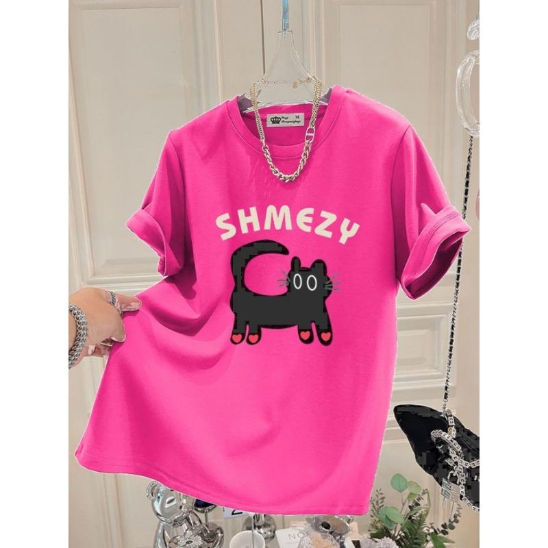 Cartoon Cat Top New Summer Korean Version Love Letters Large Version Loose Gray Short-sleeved T-shirt for Women