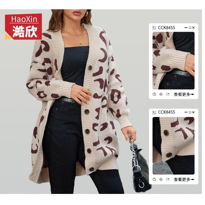 Women S Mid Length Loose Fit Leopard Print Long Sleeve Knit Cardigan Sweater