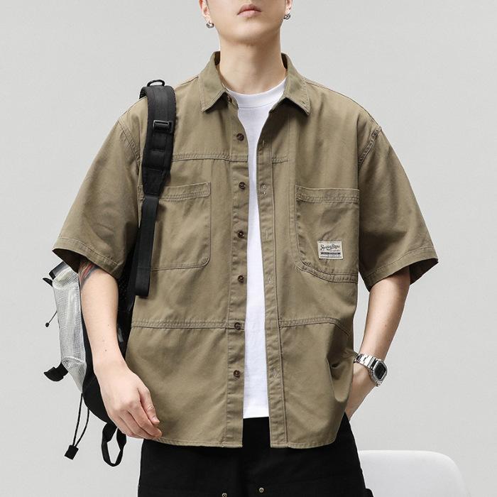 

Рубашка ретро рабочей одежды с коротким рукавом, мужская, модная, повседневная, американская, летняя, с рукавом до локтя 4XL