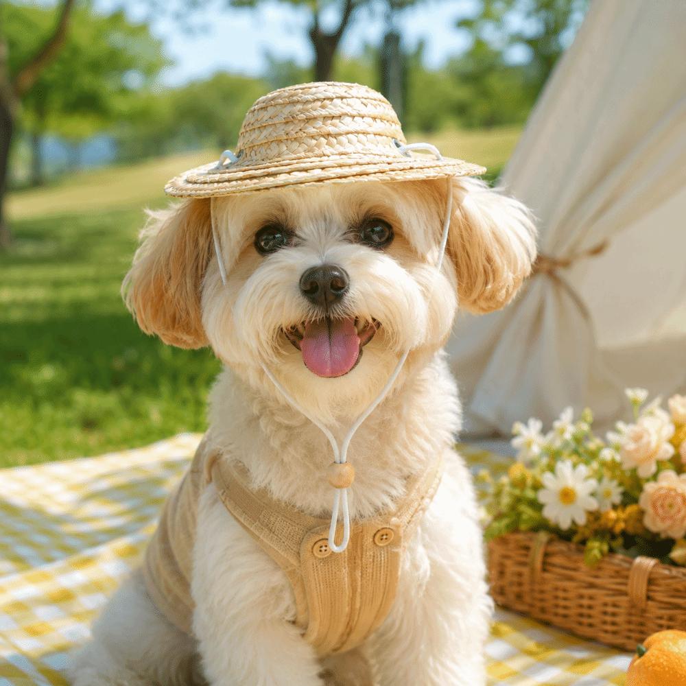 Cartoon Woven Dog Cat Straw Hat Lightweight Breathable Pet Sombrero Hat Adjustable Funny Bamboo Dragonfly Hat Summer Use