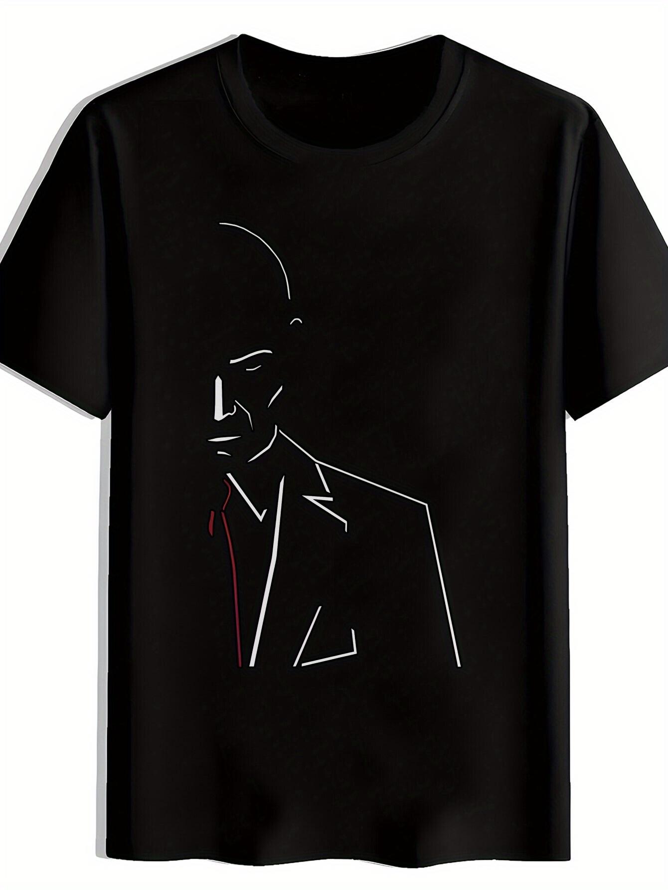 Black T-shirt with Bold Red & White Abstract Face Design - Casual Polyester Round Neck Tee for Summer L
