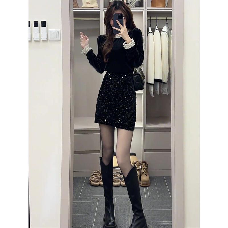 Women's Spring 2025 Black Velvet Lace Patchwork Top