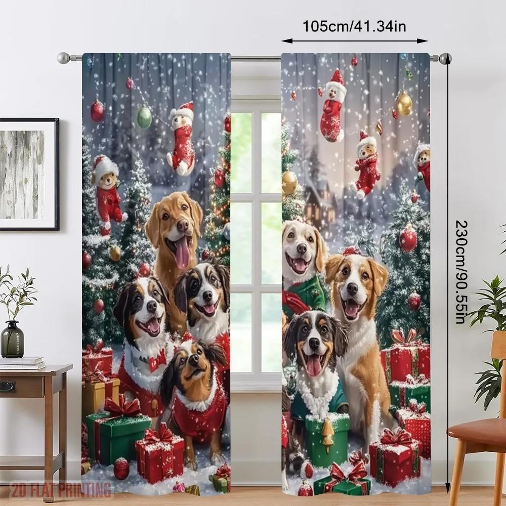 Festive Dogs Print Curtain Christmas Window Decor Polyester Fabric Holiday Home Set Of 2 Made With Rod Pocket Washable