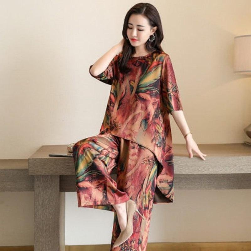 Ensemble rétro d'été ample imprimé pour femme Haut à manches courtes + Pantalon large Grand ensemble décontracté deux pièces